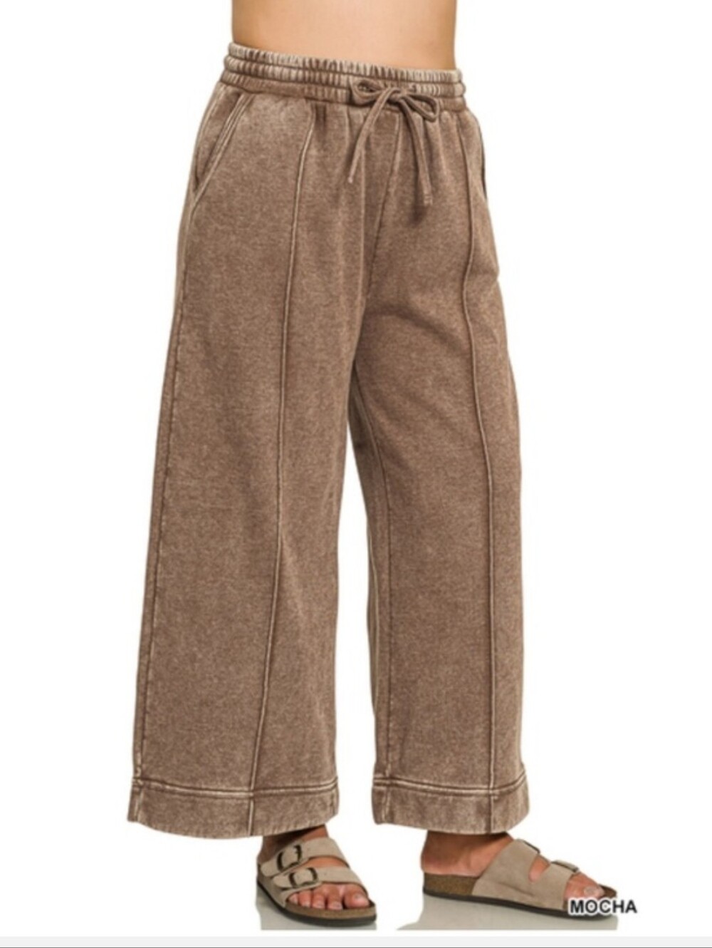 Zenana Mineral Wash Mocha Fleece Pintuck Wideleg Pants